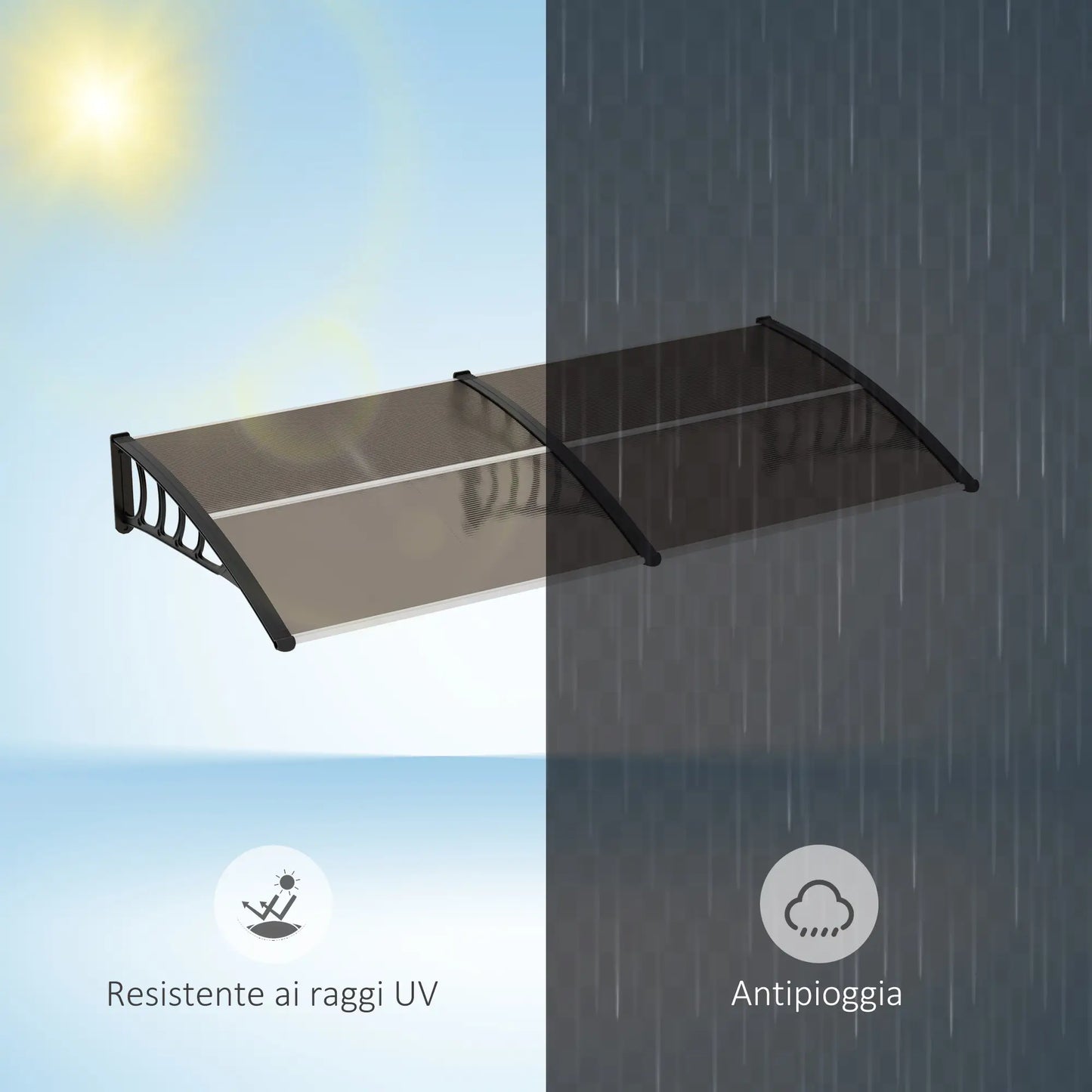 Outdoor Canopy for Windows and Doors, in Polycarbonate and Aluminum, 200x100x26 cm, Brown