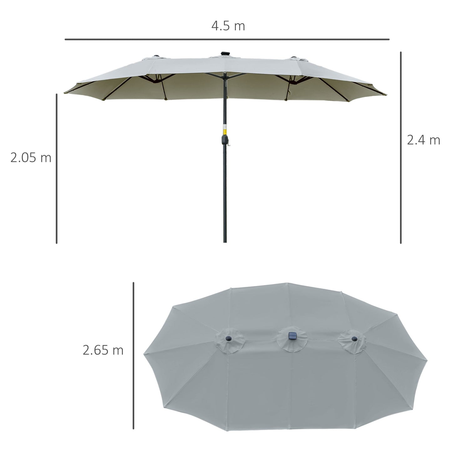 Outsunny 4.5m Double Garden Umbrella with 48 LED Lights and Crank Handle, Light Grey