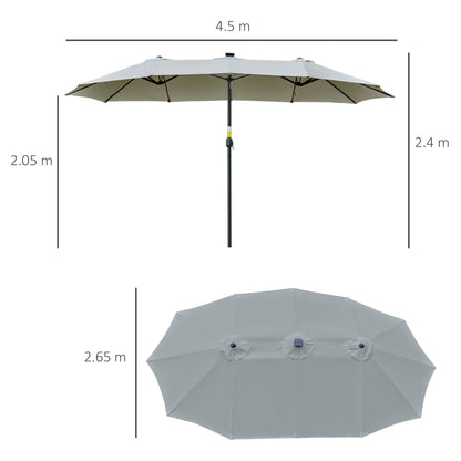 Outsunny 4.5m Double Garden Umbrella with 48 LED Lights and Crank Handle, Light Grey