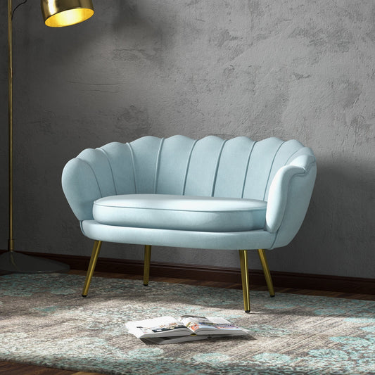 Velvet 2 Seater Sofa in Industrial Chic Style in Velvet Effect Fabric and Metal, 130x77x77 cm, Light Blue