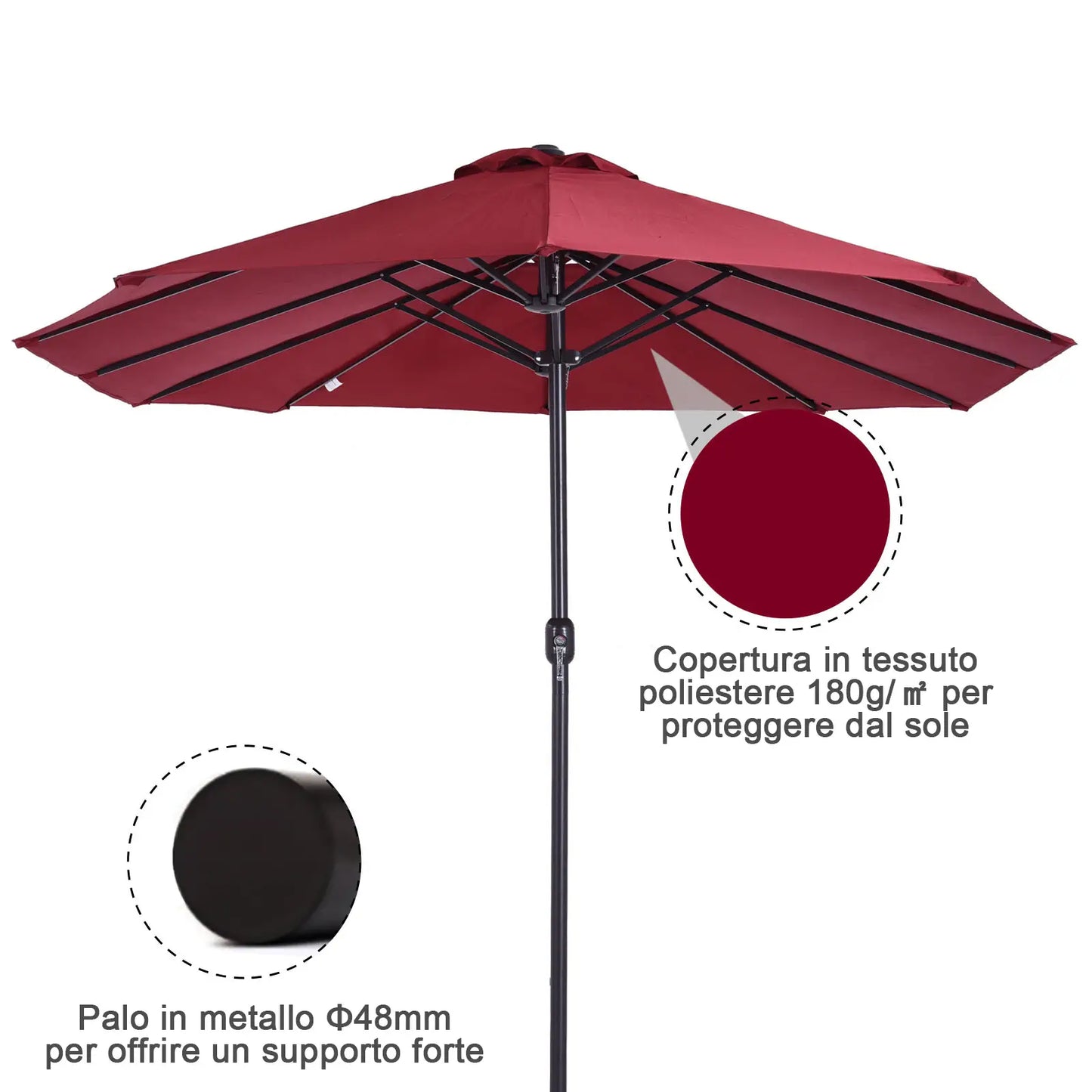 Double Garden Umbrella with Crank Opening, in Steel and Polyester, 460x270x240 cm, Red