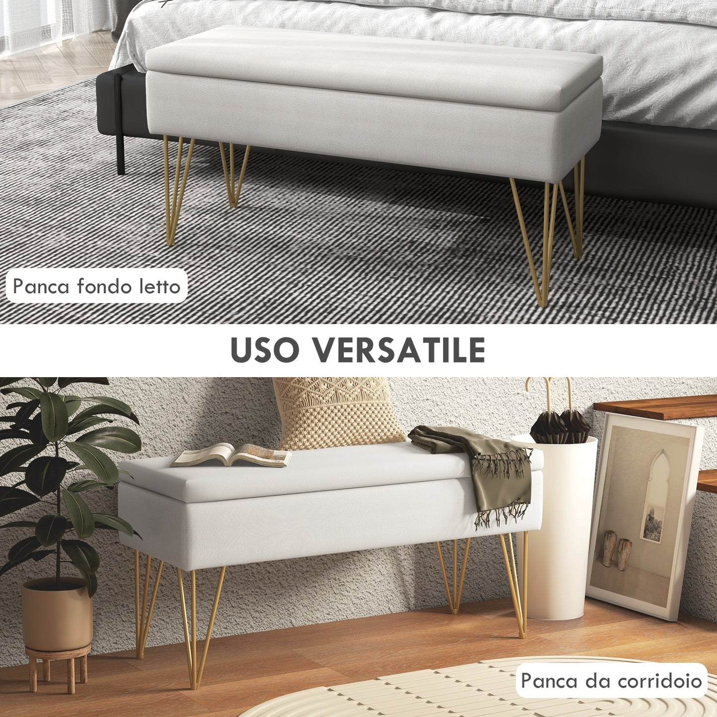 Bed End Bench with Fabric Storage and Steel Legs, 100x40x49cm, Cream
