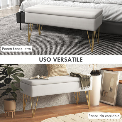Bed End Bench with Fabric Storage and Steel Legs, 100x40x49cm, Cream