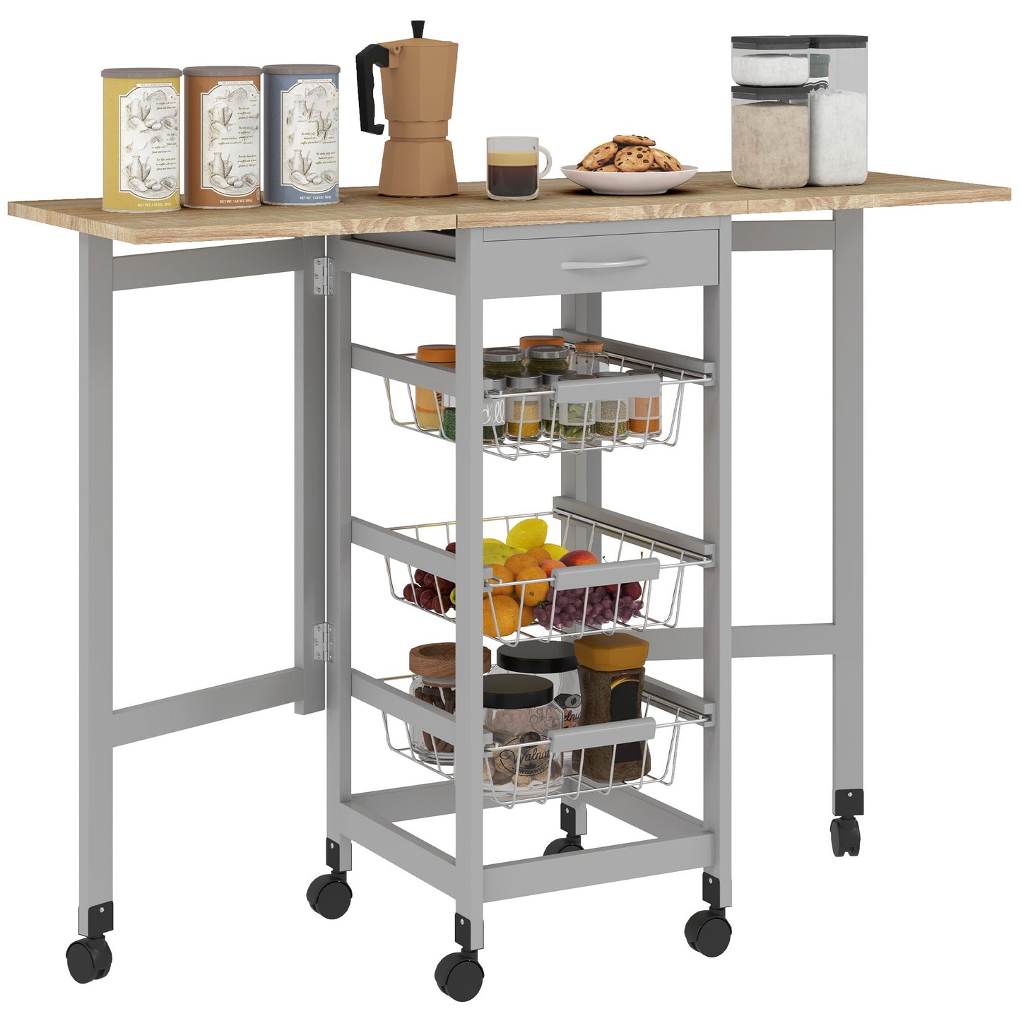 Kitchen Trolley with 3 Baskets, Drawer and 2 Flaps, in Wood and Metal, 37x37x77.5 cm, Grey and Oak