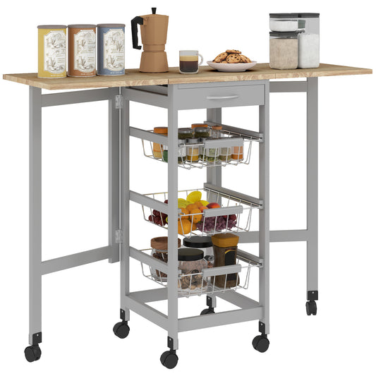 Kitchen Trolley with 3 Baskets, Drawer and 2 Flaps, in Wood and Metal, 37x37x77.5 cm, Grey and Oak