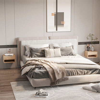 Set 2 modern bedside tables suspended with drawer and wooden shelf 37x32x21cm, natural color