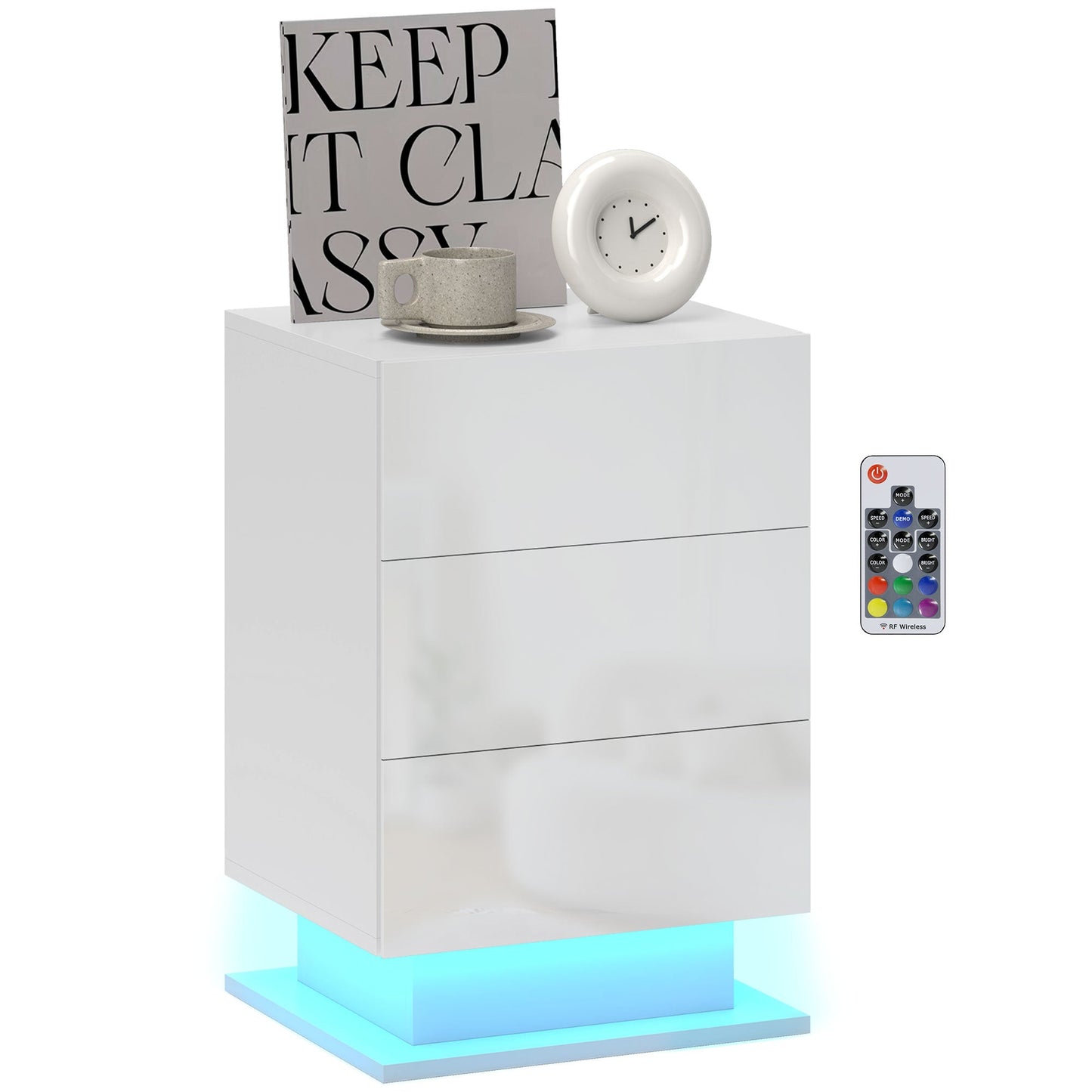 Modern Bedside Table with Adjustable LED Light with Remote Control and 3 Drawers, 40x35x60 cm, Glossy White