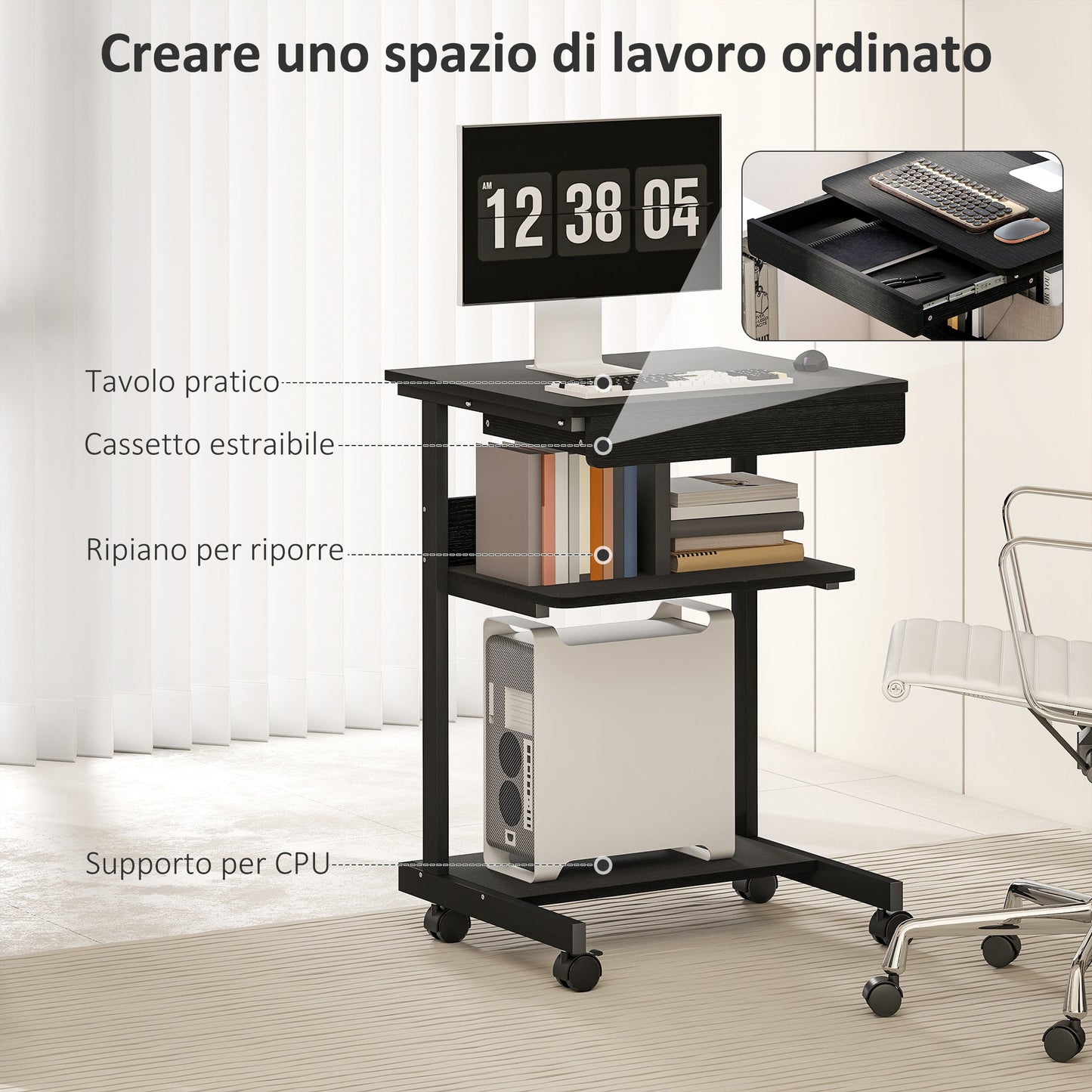 PC Desk with Sliding Drawer, 2 Shelves and 4 Wheels, in Wood and Metal, 56x51x79 cm, Black