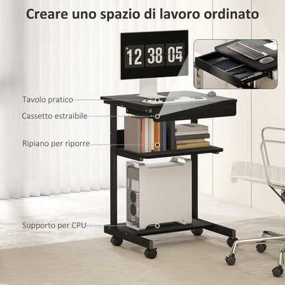 PC Desk with Sliding Drawer, 2 Shelves and 4 Wheels, in Wood and Metal, 56x51x79 cm, Black