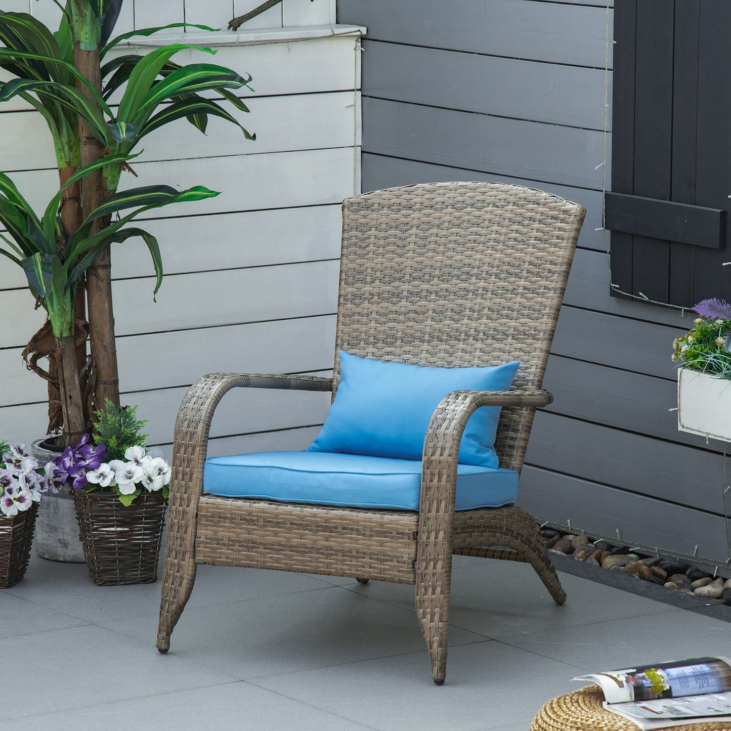 Adironrack Garden Chair with Armrests, Rattan and Steel, 64x80x90 cm, Brown and Blue