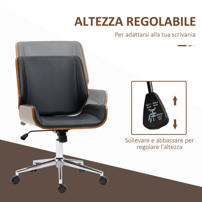 Vintage Padded Office Chair, Faux Leather, Wood and Steel, 53x60x86-96 cm, Black and Dark Brown