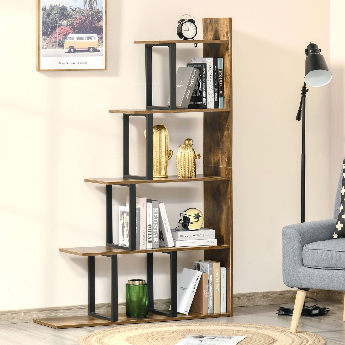 Industrial Style Anti-Tip Bookcase, Vintage Shelf with 5 Chipboard Shelves, 102x30x160cm
