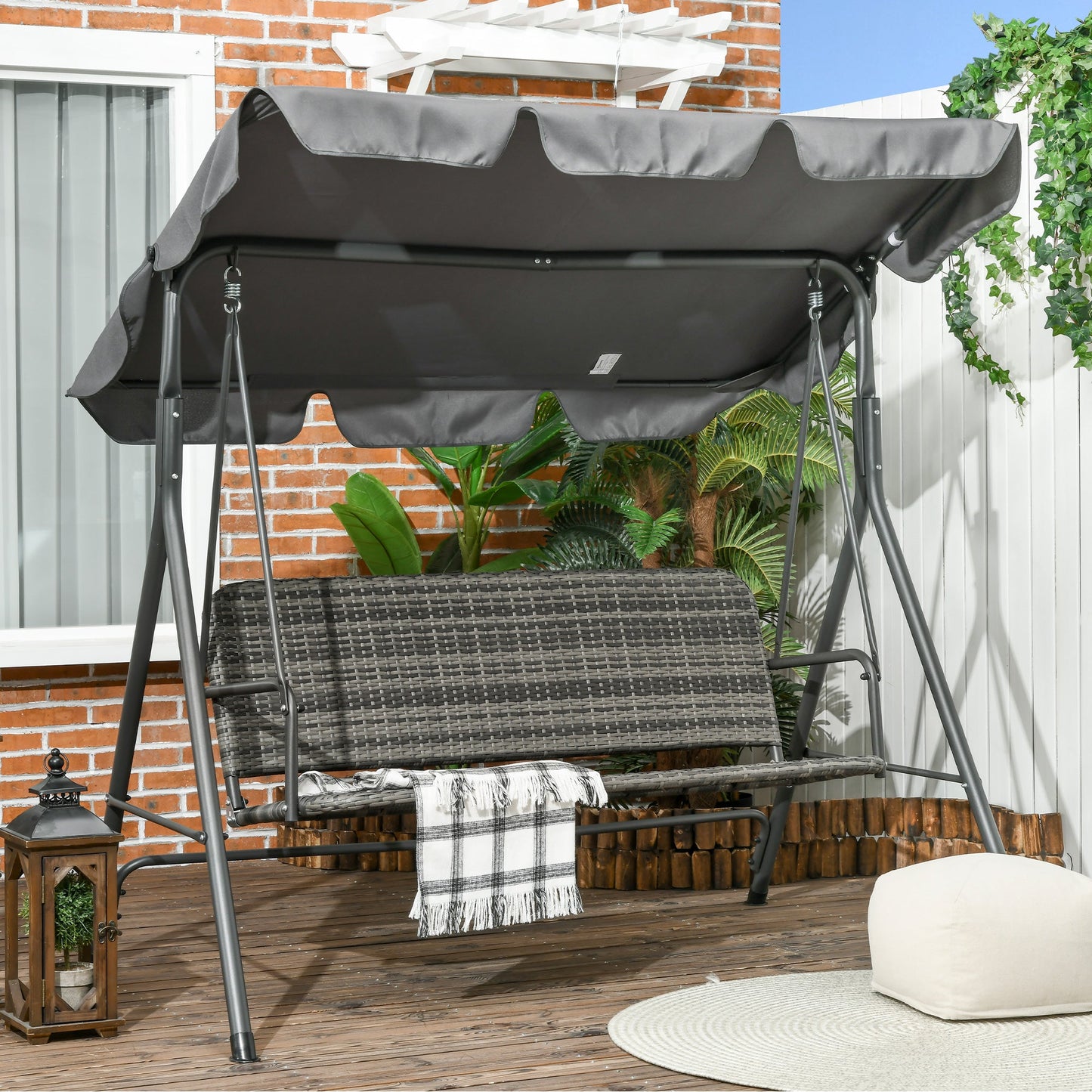 3 Seater Garden Swing with Adjustable Canopy in PE Rattan, 167x112x153cm, Dark Grey