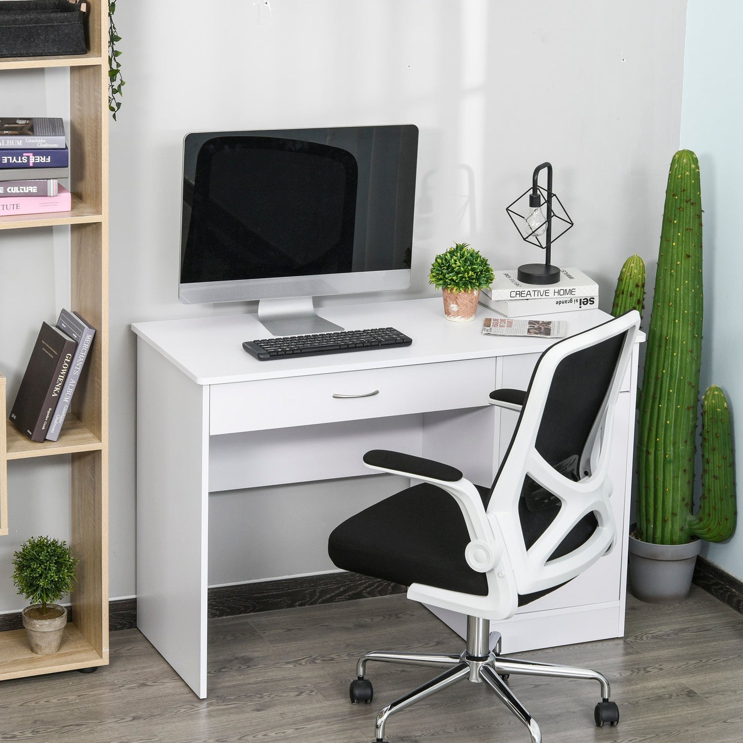 Modern Computer Desk with 2 Drawers and 1 Cabinet, Space-Saving Bookshelf for Office or Bedroom, Wooden, White