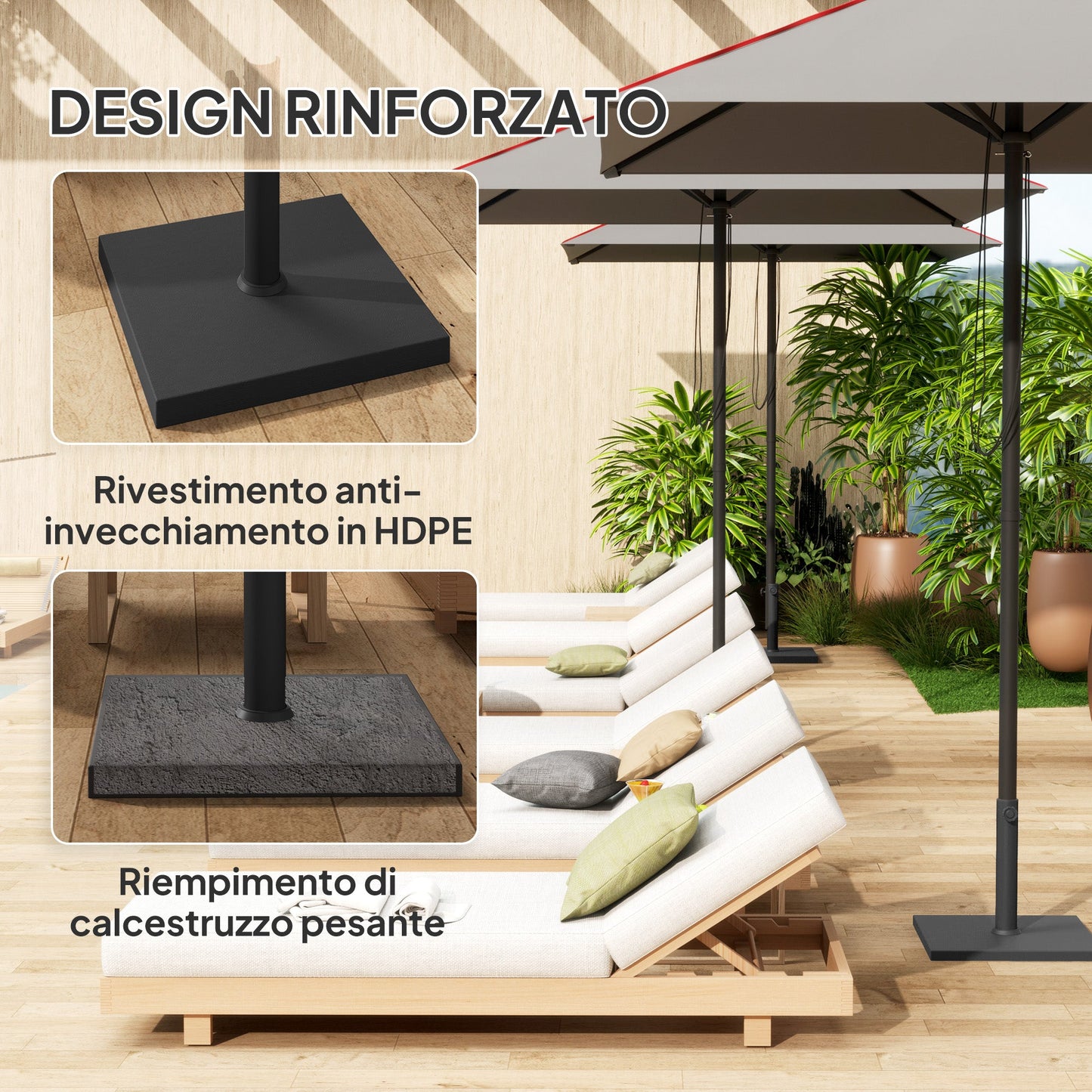 14.5 kg Square Umbrella Base with Crank, in HDPE and Cement, 44x44x30 cm, Black