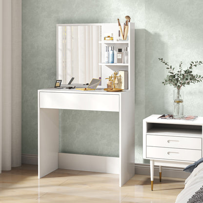 Dressing Table with Mirror, 3 Corner Shelves and Drawer, Wood and Glass, 75x40x137 cm, White