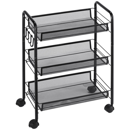 3-Tier Kitchen Cart with Removable Baskets and 4 Wheels, Steel and PP Plastic, 41.5Lx26. 5x63 cm, Black