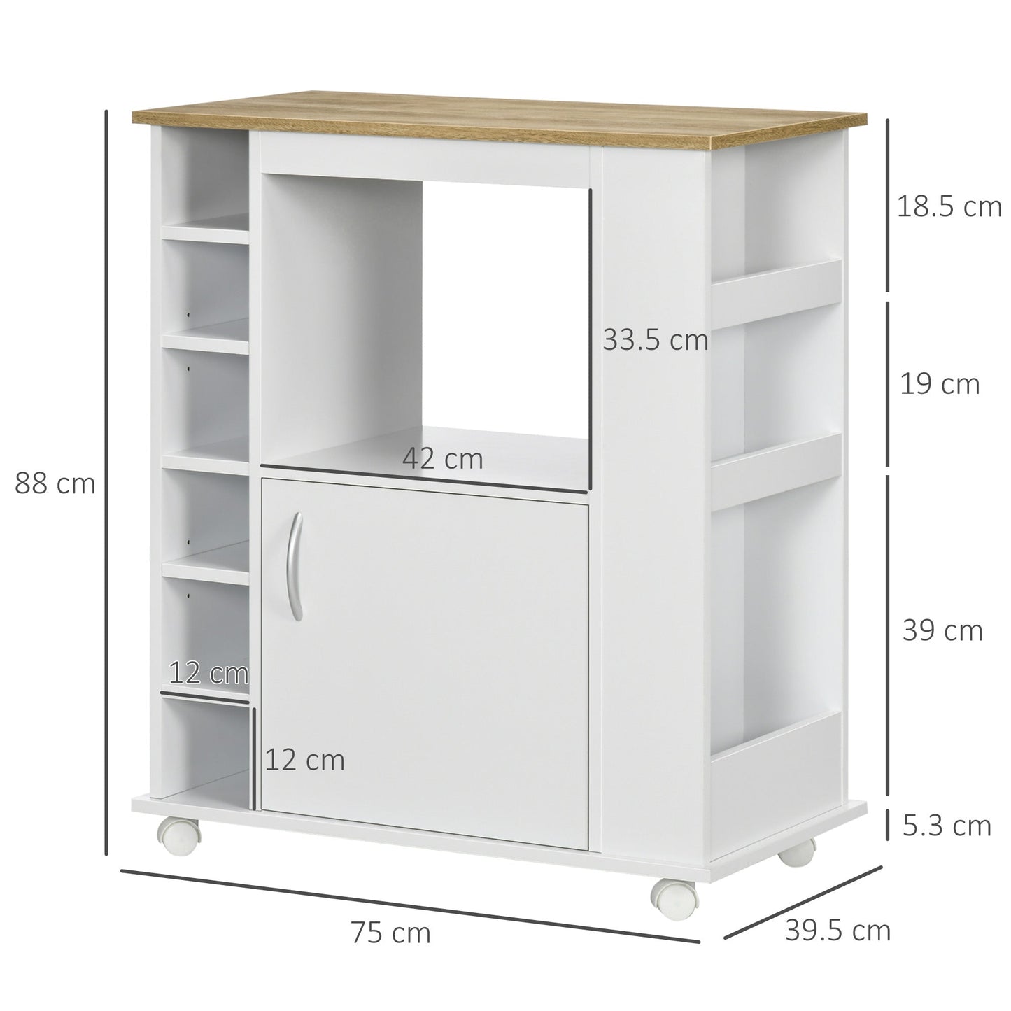 Kitchen Trolley with Cabinet and Adjustable Shelves, Swivel Wheels and Brake, 75x39.5x88 cm, White