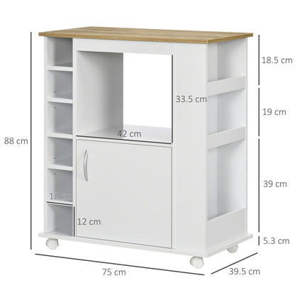 Kitchen Trolley with Cabinet and Adjustable Shelves, Swivel Wheels and Brake, 75x39.5x88 cm, White