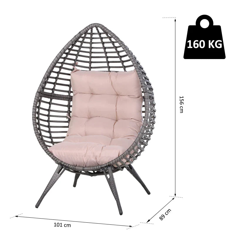 DROPPA | Boho Teardrop Rattan Outdoor Lounge Chair with Cushion, 101x89x156cm Grey and Beige