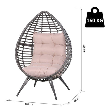 DROPPA | Boho Teardrop Rattan Outdoor Lounge Chair with Cushion, 101x89x156cm Grey and Beige