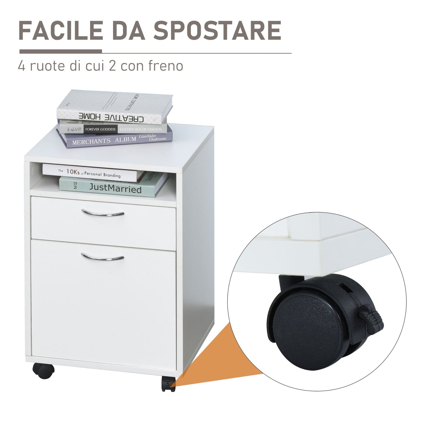 4-Wheel Office File Cabinet with Open Shelf and 2 Drawers, Wood and Metal Office Storage Unit, 40x35x60 cm, White