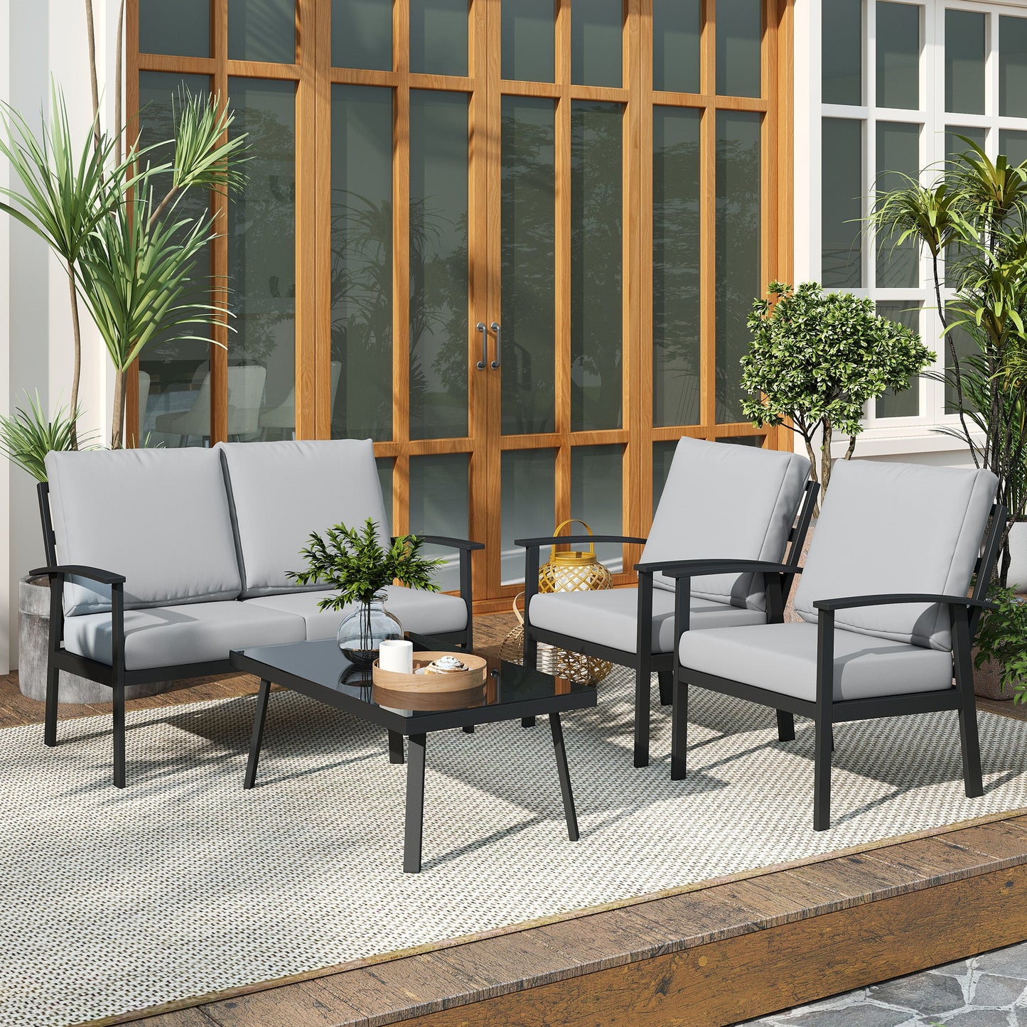DULA | 4 Piece Garden Set with 2 Armchairs, 2 Seater Sofa and Coffee Table, in Aluminum and Fiber, Charcoal Gray