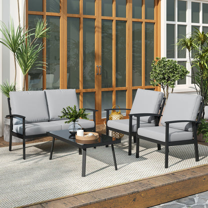 DULA | 4 Piece Garden Set with 2 Armchairs, 2 Seater Sofa and Coffee Table, in Aluminum and Fiber, Charcoal Gray