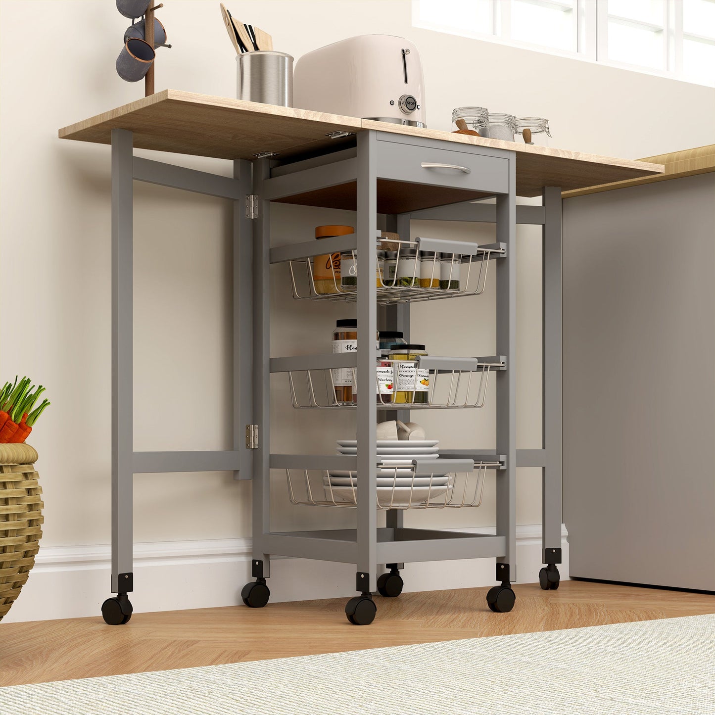 Kitchen Trolley with 3 Baskets, Drawer and 2 Flaps, in Wood and Metal, 37x37x77.5 cm, Grey and Oak