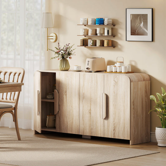 Sideboard with 2 Cabinets, Soft-Close Doors and Adjustable Shelves, 157x39x82 cm, Natural Wood