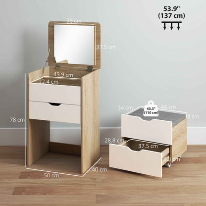 3-in-1 Dressing Table with Mirror, Storage, 2 Drawers and Stool, Wooden, 50x40x78 cm, White and Oak