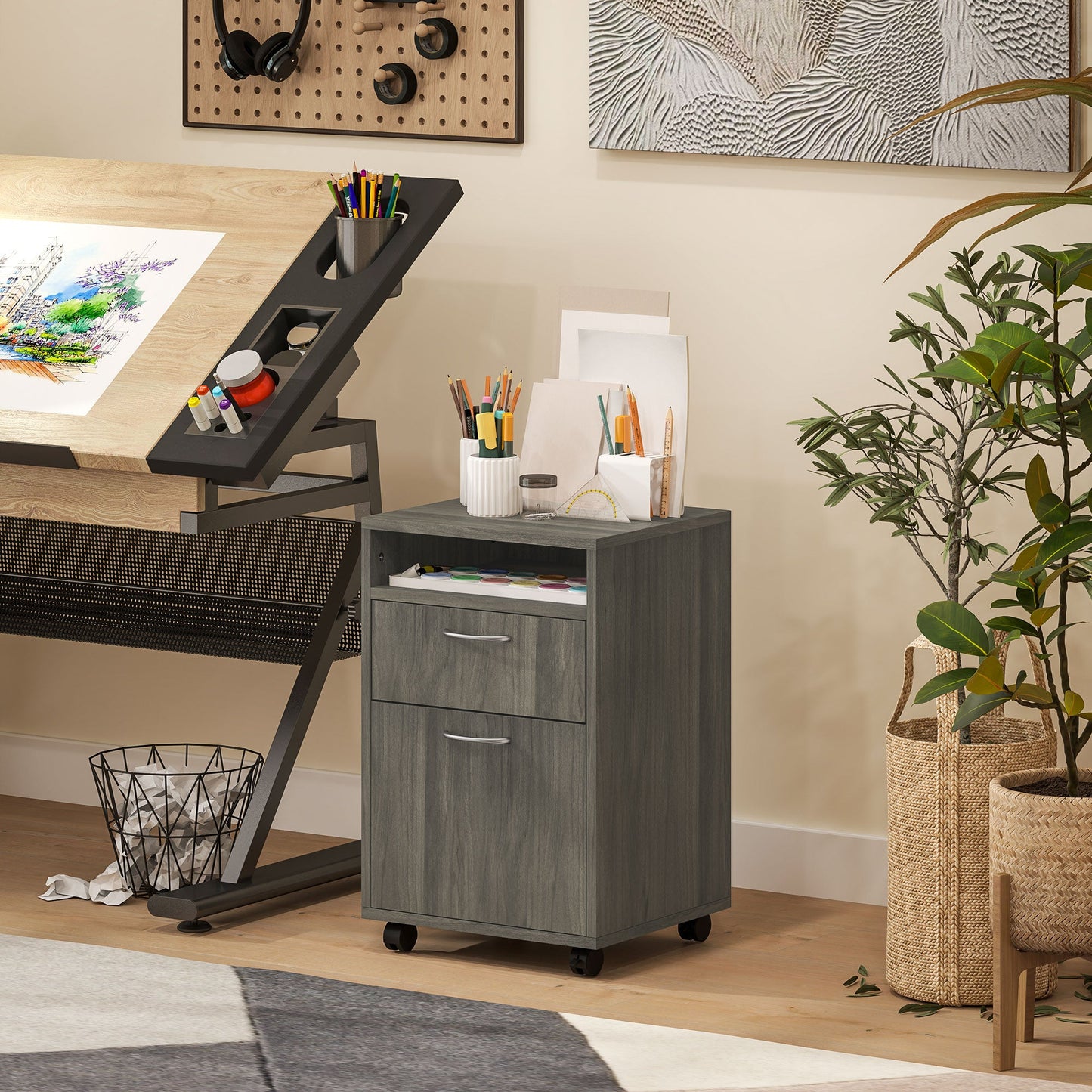 4-Wheel File Cabinet with Open Shelf and Drawers, Wood and Metal, 40x35x60 cm, Grey