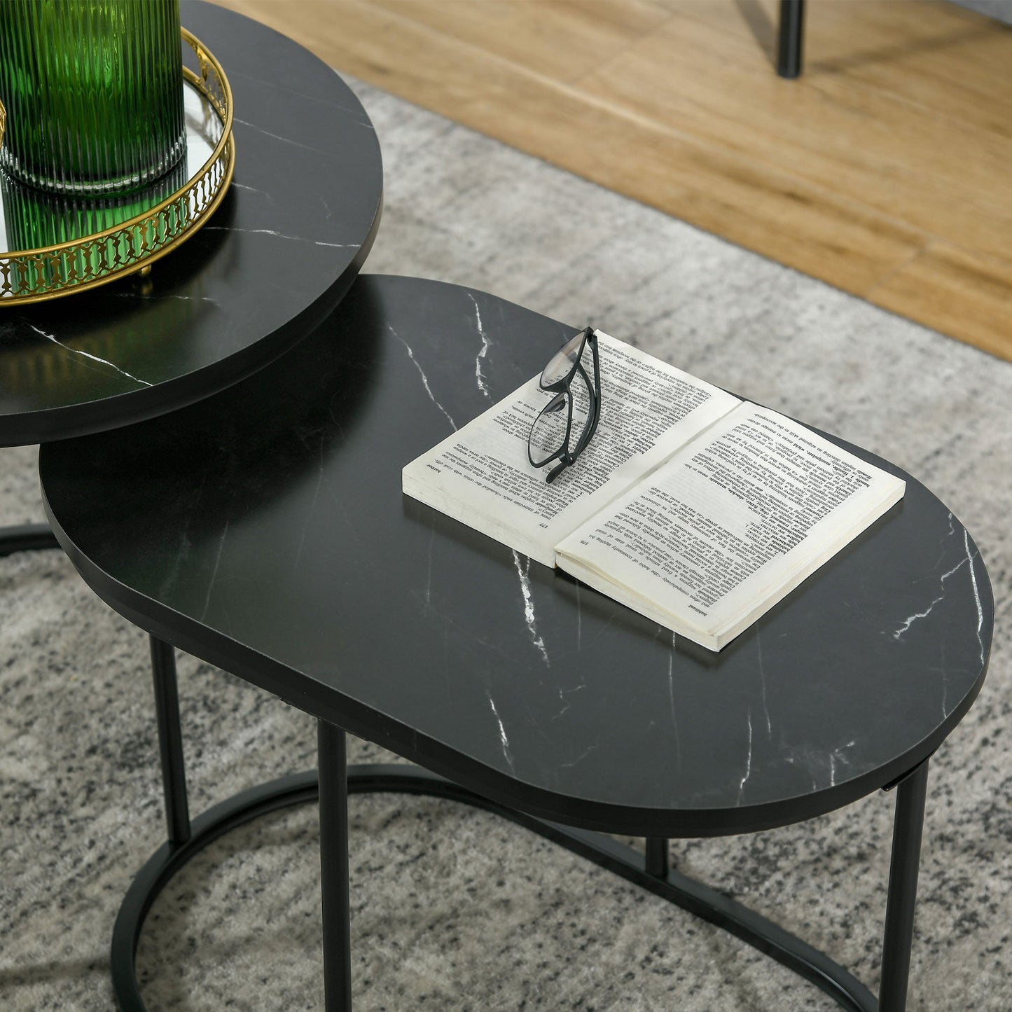 Set of 2 Coffee Tables with Marble Effect Top, in Wood and Steel, Ø50x50.5 cm and 60x36x43.5 cm, Black