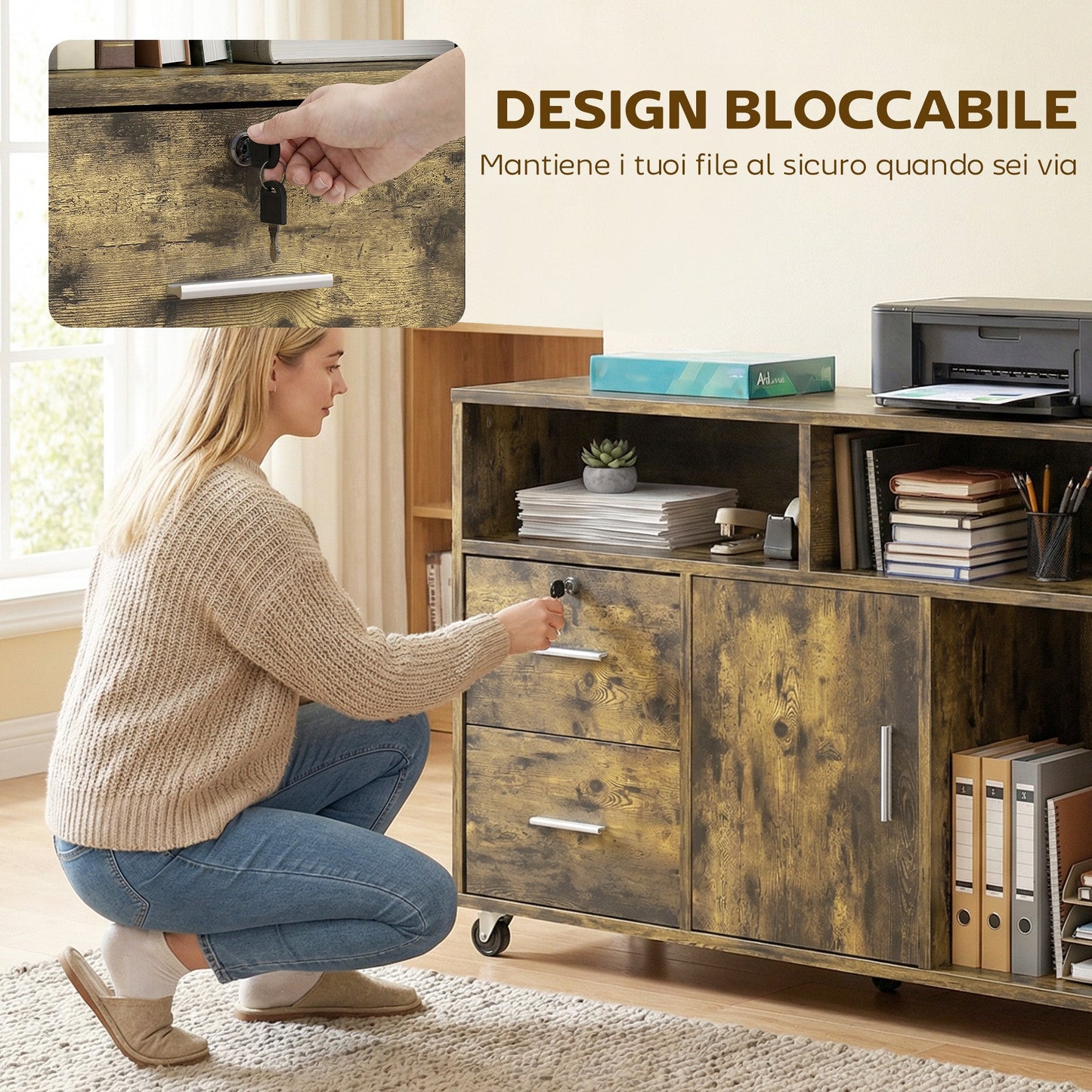 Wooden Printer Stand with Wheels, 2 Drawers, 3 Shelves, and 2 Cabinets, 100x35x65 cm, Brown