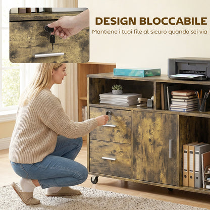 Wooden Printer Stand with Wheels, 2 Drawers, 3 Shelves, and 2 Cabinets, 100x35x65 cm, Brown