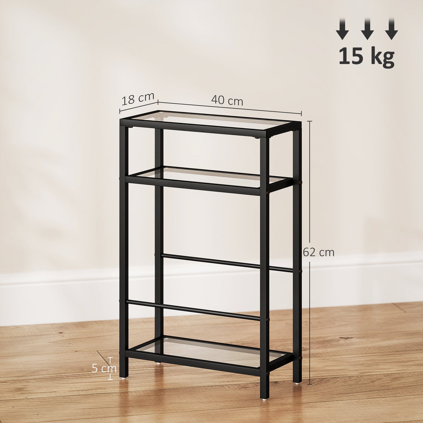 Compact 3-Shelf Coffee Table in Glass and Steel, 40x18x62 cm, Black