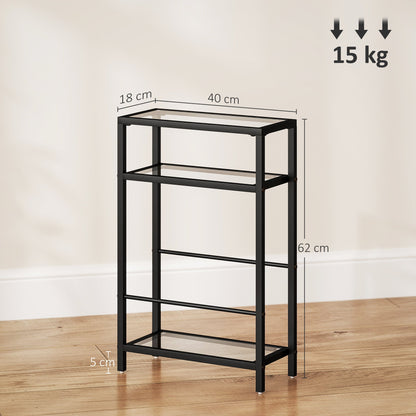 Compact 3-Shelf Coffee Table in Glass and Steel, 40x18x62 cm, Black