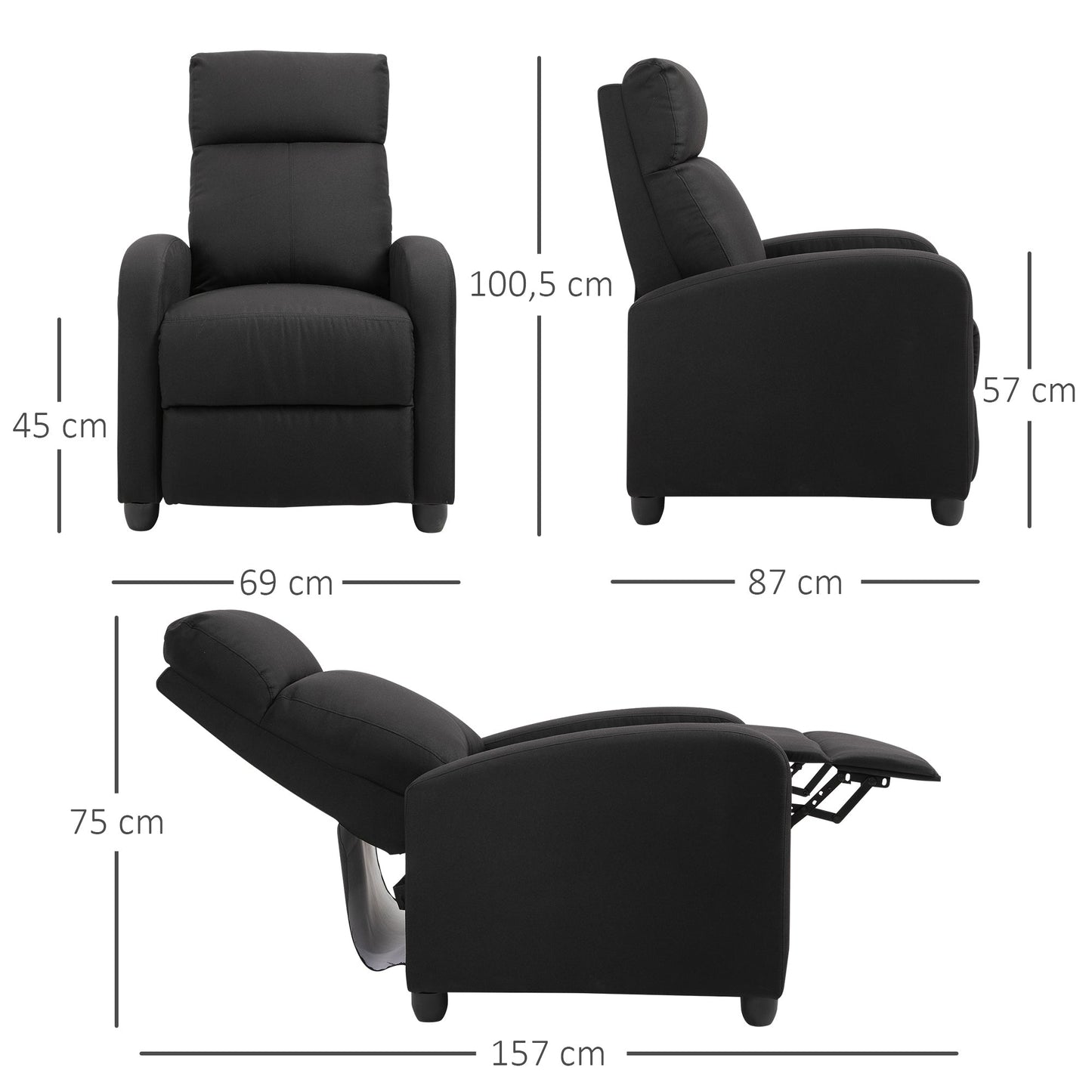 Padded Relax Chair with 135° Reclining Backrest and Removable Footrest, in Black Linen, 69x87x100.5cm