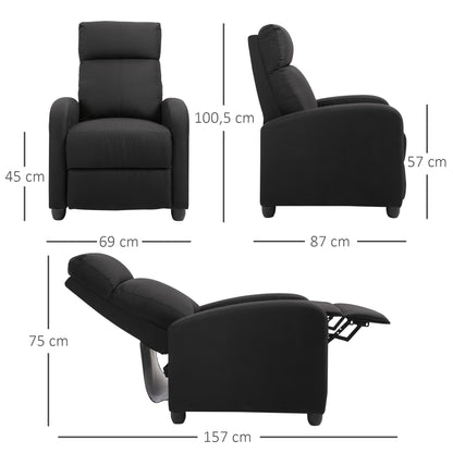 Padded Relax Chair with 135° Reclining Backrest and Removable Footrest, in Black Linen, 69x87x100.5cm