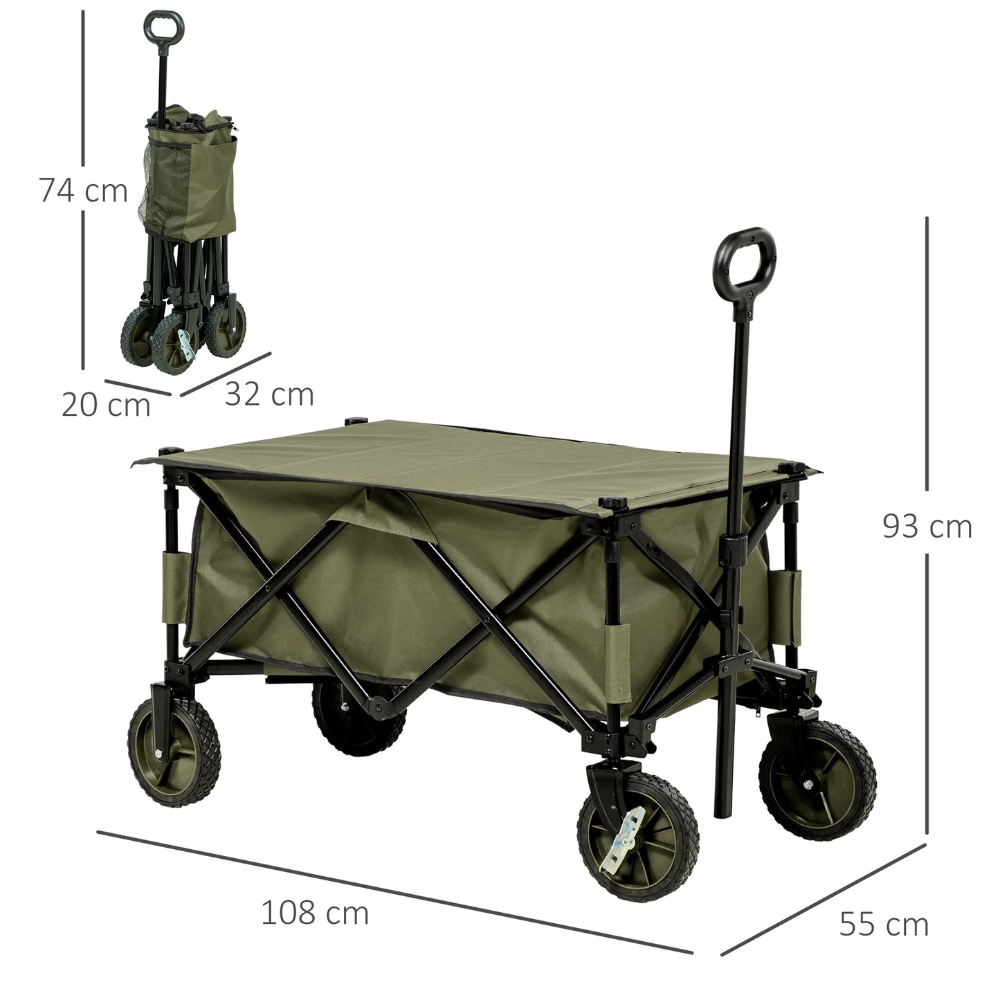 125L Folding Garden Cart with Handle and 5 Bags, 108x55x93 cm, Green