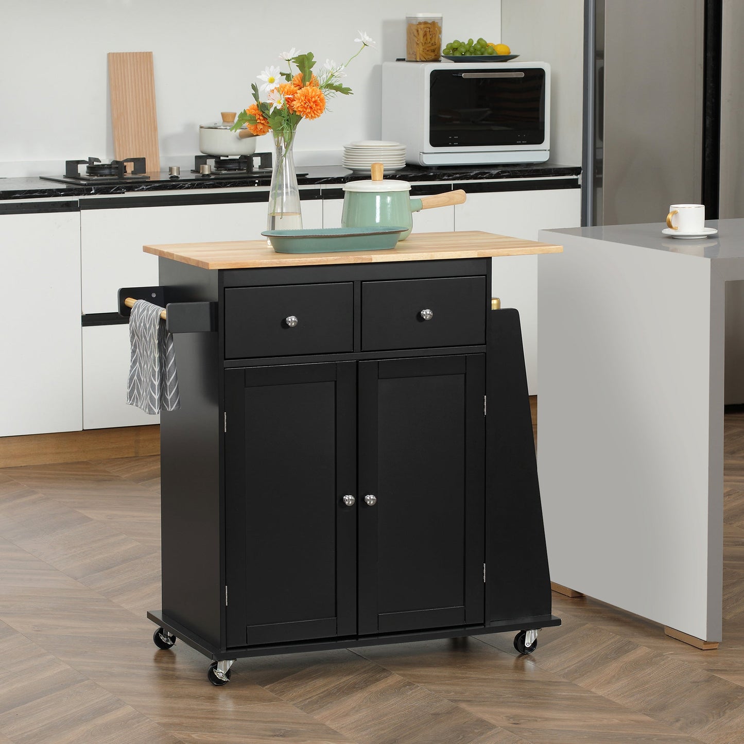 Kitchen Trolley with Cabinet, 2 Drawers and Spice Rack, Wooden Kitchen Island, 89x45x89.5cm, Black