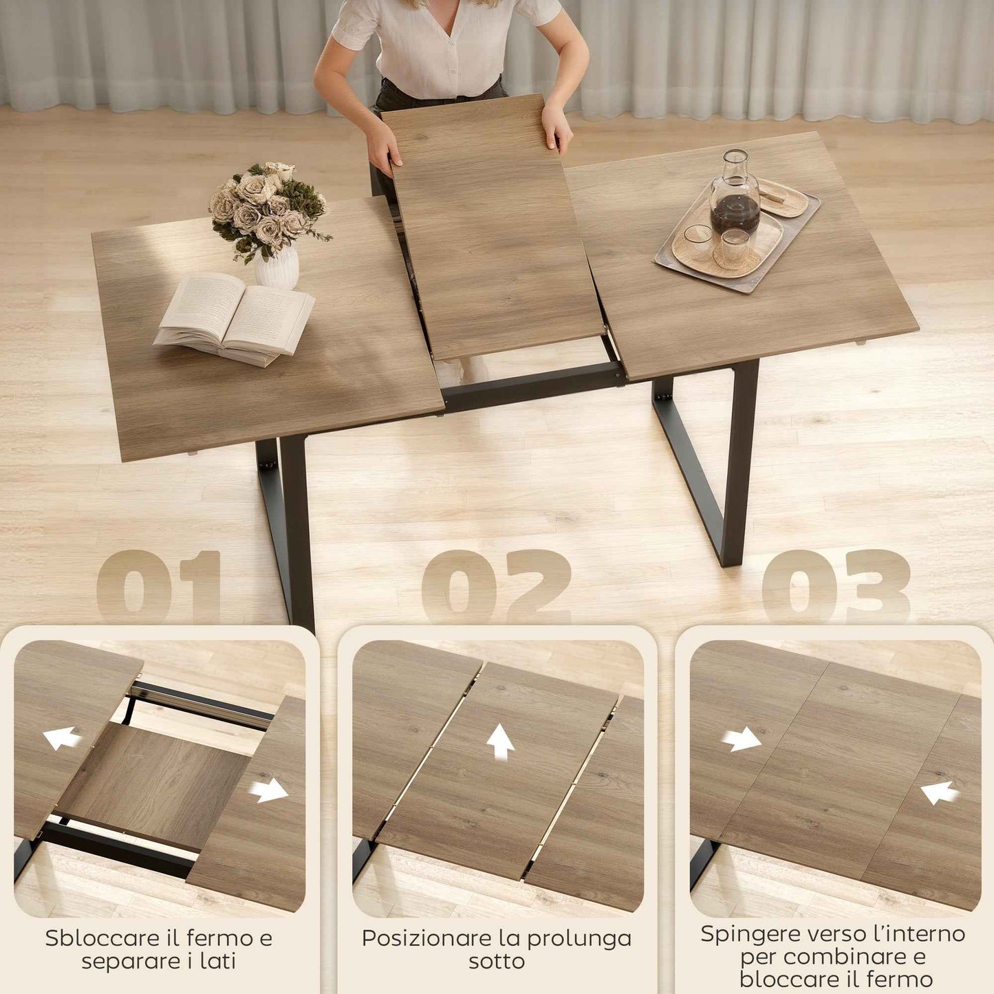 Industrial Dining Table for 6-8 People with Round Drop-Leaf Top, in Wood and Steel, 180x80x75 cm