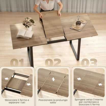 Industrial Dining Table for 6-8 People with Round Drop-Leaf Top, in Wood and Steel, 180x80x75 cm