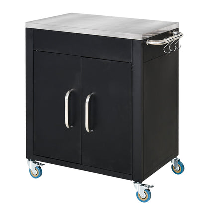 Stainless Steel Kitchen Cart with Storage Cabinet and 6 Hooks, 86x50x86.5 cm, Black