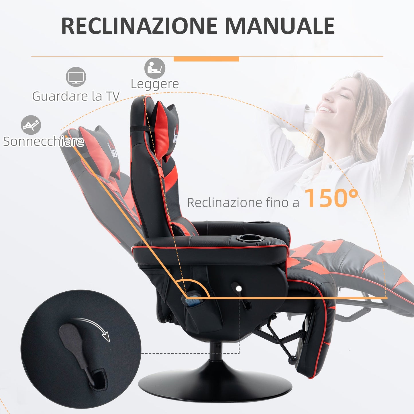 Gaming Chair with Massage, Footrest and Cushion, Faux Leather, 79.5 x 82.5 x 111.5 cm, Black and Red