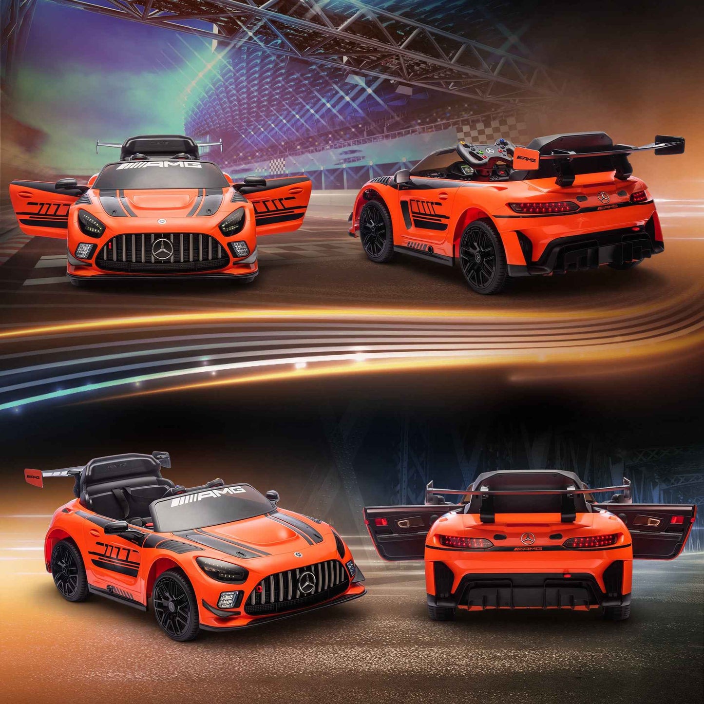 Electric Car for Children 3-8 Years Mercedes-AMG 12V with Remote Control, LED Lights, Transport Wheels, Orange