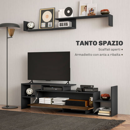 TV Cabinet with Wall Shelf, Open Shelves and Wooden Cabinet, Black and Brown