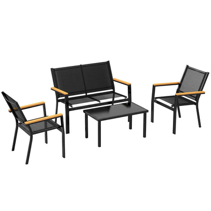 Outsunny 4-Piece Garden Furniture Set with Tempered Glass Coffee Table and 3 Teslin Fabric Seats, Black
