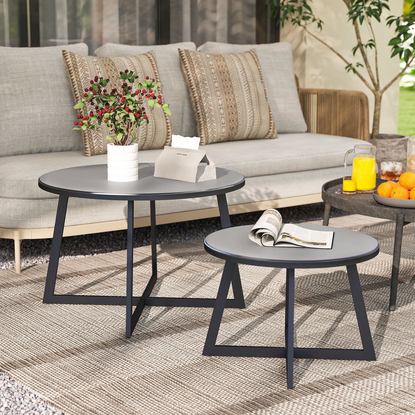 Set of 2 Outdoor Coffee Tables with Tempered Glass Top, Ø70x45 cm and Ø50x35 cm, Gray