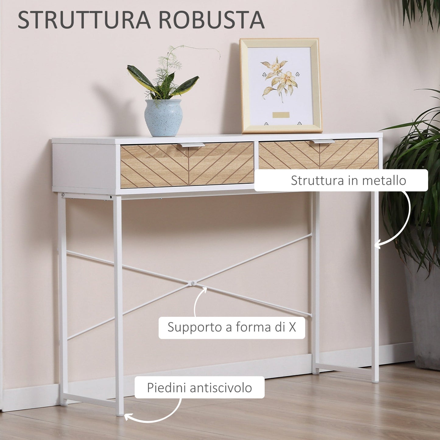 Modern Console Table for Entryway and Living Room with 2 Metal Drawers 100x30x75cm - White